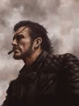  beard big_boss black_hair cigar eyepatch facial_hair jacket male_focus metal_gear_(series) metal_gear_solid_v mouth_hold pekanpeka realistic solo upper_body zipper 