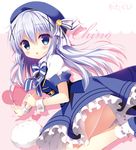  angora_rabbit beret blue_eyes blue_hair bunny character_name cursive dress from_side gochuumon_wa_usagi_desu_ka? hat kafuu_chino long_hair sasai_saji tippy_(gochiusa) wrist_cuffs 