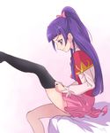  black_legwear bow chocokin dressing hair_bow half_updo izayoi_liko leg_lift long_hair magic_school_uniform mahou_girls_precure! pink_bow pink_skirt precure profile purple_eyes purple_hair shirt sitting skirt solo thighhighs white_shirt 