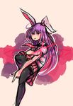  1girl animal_ears blush_stickers bunny_ears finger_gun highres looking_at_viewer no_nose open_mouth purple_hair red_eyes reisen_udongein_inaba skirt solo thighhighs touhou zana 