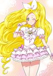  blonde_hair bow braid brooch choker cowboy_shot cure_rhythm earrings frilled_skirt frills green_eyes hair_bow jewelry kagami_chihiro long_hair looking_at_viewer magical_girl minamino_kanade one_eye_closed precure skirt smile solo suite_precure white_bow white_choker white_skirt wrist_cuffs 
