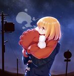  absurdres bad_id bad_pixiv_id bangs blonde_hair breath brown_eyes coat ello eyebrows eyebrows_visible_through_hair eyelashes from_side gloves highres long_sleeves looking_up night night_sky original outdoors pom_pom_(clothes) power_lines profile red_gloves red_scarf road_sign scarf short_hair sign sky snowing solo star_(sky) upper_body utility_pole winter winter_clothes 