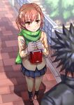  1girl black_hair blurry brown_eyes brown_hair commentary depth_of_field handrail kamijou_touma misaka_mikoto outdoors pavement pleated_skirt raika9 running_bond scarf short_hair skirt solo_focus spiked_hair to_aru_kagaku_no_railgun to_aru_majutsu_no_index valentine 