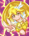  blonde_hair bow brooch chocokin cure_peace earrings electricity full_body hair_flaps jewelry kise_yayoi long_hair looking_at_viewer magical_girl precure purple_background signature skirt smile smile_precure! solo v wrist_cuffs yellow_bow yellow_eyes yellow_skirt 
