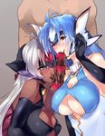  2girls adjusting_hair blue_eyes blue_hair blush breasts censored chocolate cleavage clothed_female_nude_male collar collarbone covered_nipples dark_skin elbow_gloves erection fellatio gloves heart heart_censor huge_breasts kos-mos lavender_hair long_hair looking_down looking_to_the_side md5_mismatch multiple_girls negresco nude one_eye_closed oral pale_skin penis red_eyes t-elos testicles underboob xenosaga xenosaga_episode_iii 