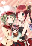  bandage_on_face bandages bare_shoulders black_hair black_legwear breasts brown_eyes chocolate chocolate_heart cleavage eating food food_on_face green_eyes green_hair hair_ribbon hat heart heterochromia horns hug interlocked_fingers long_hair long_sleeves looking_at_viewer messy midorikawa_you multiple_girls one_eye_covered original red_eyes red_hair ribbon short_hair skirt sleeves_past_wrists small_breasts smile thighhighs twintails yellow_eyes younger 