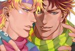  aqua_eyes arm_around_neck blonde_hair blue_eyes brown_hair caesar_anthonio_zeppeli facial_mark fingerless_gloves gloves headband jojo_no_kimyou_na_bouken joseph_joestar_(young) male_focus multiple_boys nashi_y scarf smile striped striped_scarf winged_hair_ornament 