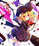  adapted_costume alternate_color bangs blonde_hair blurry blush boots box brown_footwear brown_hat brown_ribbon brown_shirt brown_skirt brown_vest cake candy chocolate chocolate_bar chocolate_cake closed_mouth confetti crescent crystal curly_hair daimaou_ruaeru depth_of_field dripping eyelashes flandre_scarlet food frilled_sleeves frills full_body gift hat hat_ribbon heart heart-shaped_box heart_print highres holding holding_gift laevatein long_hair looking_at_viewer mob_cap nail_polish one_side_up red_eyes red_lips red_nails ribbed_shirt ribbon shade shirt short_sleeves skirt skirt_set smile solo star touhou valentine vest wings wrist_cuffs 