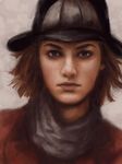  black_hat black_scarf brown_background brown_hair expressionless face hat hot_pants_(sbr) jojo_no_kimyou_na_bouken lips looking_at_viewer pekanpeka portrait realistic scarf simple_background solo steel_ball_run 