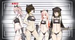  animal_ears anti-rain_(girls_frontline) ar-15 assault_rifle brown_hair cat_ears cat_lingerie eyepatch girls_frontline gun hair_ornament highres long_hair m16a1 m16a1_(girls_frontline) m4_carbine m4_sopmod_ii m4_sopmod_ii_(girls_frontline) m4a1_(girls_frontline) mag_(mag42) meme_attire multicolored_hair multiple_girls navel panties pink_hair reclining rifle side-tie_panties st_ar-15_(girls_frontline) tongue tongue_out two-tone_hair underwear weapon 