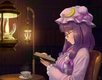  bangs bespectacled blue_ribbon blunt_bangs book bookshelf crescent crescent_hair_ornament cup dress from_side glasses hair_ornament hair_ribbon hat kitano_(kitanosnowwhite) lamp lips long_hair long_sleeves mob_cap oil_lamp patchouli_knowledge purple_eyes purple_hair purple_ribbon reading ribbon sidelocks solo striped striped_dress tea teacup touhou tress_ribbon vertical_stripes 