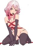  absurdres blush breasts chikkinage_nage chocolate chocolate_heart commentary_request elbow_gloves food gloves guilty_crown hair_ornament hairclip heart highres long_hair looking_at_viewer medium_breasts mouth_hold panties pink_hair red_eyes ribbon solo thighhighs twintails underwear valentine yuzuriha_inori 