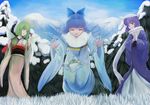  alternate_costume blue_hair cirno closed_eyes daiyousei fairy_wings frog frozen frozen_frog fur_trim green_eyes green_hair hair_ribbon hands_together hat ice ice_wings japanese_clothes kimono letty_whiterock long_sleeves looking_at_another mi_ye_xi mountain multiple_girls nature obi open_mouth purple_hair ribbon sash scarf short_hair side_ponytail smile snow touhou tree wide_sleeves wings yukata 