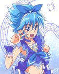  :d alternate_color beamed_eighth_notes blue blue_bow blue_choker blue_eyes blue_hair bow brooch chocokin choker cosplay crop_top cure_beat_(fake) cure_melody cure_melody_(cosplay) eighth_note frills hair_bow hairband hand_on_hip jewelry looking_at_viewer magical_girl midriff musical_note nishijima_waon nishio_uta open_mouth precure quarter_note short_hair signature smile solo spiked_hair staff_(music) suite_precure v wrist_cuffs 