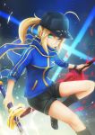  1girl ahoge artoria_pendragon_(all) black_footwear black_hat black_shorts blonde_hair blue_scarf blue_sweater boots coolnova dark_excalibur excalibur fate/grand_order fate_(series) floating_hair green_eyes hair_between_eyes hat highres holding holding_sword holding_weapon long_hair looking_at_viewer mysterious_heroine_x peaked_cap ponytail scarf short_shorts shorts sidelocks solo sweater sword weapon 