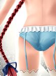  ass bare_back blue_panties blue_ribbon braid cameltoe frills from_behind garter_belt grey_background hair_ribbon harusame_kiruke highres kurosaki_mea lace lace-trimmed_panties lace-trimmed_thighhighs lingerie long_hair lower_body panties red_hair ribbon simple_background single_braid solo standing thighhighs to_love-ru underwear very_long_hair white_legwear 