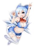  ;d alternate_breast_size armpits bare_arms bare_shoulders belly blue_eyes blue_hair blush bow bowtie bra breasts cirno detached_collar fang hair_bow highres ice ice_wings large_bow medium_breasts navel older one_eye_closed open_mouth oppai_loli pointing pointing_up short_hair skirt smile solo stomach takashi_(nekoro) thighhighs touhou underwear wings wrist_cuffs 