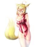  :p ahoge animal_ears arm_at_side arm_behind_back blonde_hair bow breasts cleavage cowboy_shot fox_ears fox_tail glasses green_eyes groin hair_between_eyes hand_on_own_arm machin medium_breasts naked_ribbon navel original red-framed_eyewear red_bow red_ribbon ribbon semi-rimless_eyewear sideboob simple_background solo tail thighhighs tongue tongue_out under-rim_eyewear unwrap_me_body_bow valentine white_background white_legwear 