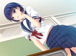  1girl atelier_sakura_darkness blue_eyes blue_hair blue_skirt blush bow classroom female gakuen_gekokujou game_cg horie_chiharu isse open_mouth red_bow school_uniform serafuku short_hair short_sleeves skirt smile solo sweat 