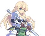  armor blonde_hair blush character_request copyright_request highres long_hair looking_at_viewer normaland polearm smile solo spear weapon white_background 