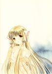  back_cover bangs bare_shoulders blonde_hair brown_eyes chii chobits cover cover_page crossed_arms doujin_cover hair_tubes houruri long_hair looking_at_viewer off_shoulder official_style robot_ears sidelocks solo traditional_media undressing very_long_hair watercolor_(medium) 