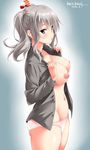  2016 artist_name ass bangs blue_background blue_eyes blush breasts cleavage collarbone collared_shirt cowboy_shot dated dress_shirt frills from_side grey_hair grey_shirt groin hair_ornament kantai_collection kashima_(kantai_collection) large_breasts long_sleeves looking_at_viewer navel nipples no_bra no_hat no_headwear no_pants open_clothes open_shirt panties parted_lips shirt silver_hair skindentation solo stomach striped twintails umyonge_(lkakeu) unbuttoned underwear white_panties 