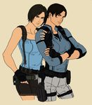  bad_id bad_pixiv_id beige_background belt blue_eyes breasts brown_hair buckle collarbone cowboy_shot cropped_legs crossed_arms fingerless_gloves gloves hand_on_hip holster jill_valentine light_smile long_sleeves looking_at_viewer multiple_girls pants resident_evil resident_evil_3 resident_evil_5 shirt short_hair simple_background sleeveless sleeveless_shirt tank_top thigh_holster thigh_strap upper_body 