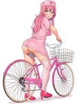  1girl ass bicycle blush breasts female from_behind green_eyes high_heels highres long_hair looking_at_viewer looking_back no_panties nurse nurse_cap original pink_hair sakaura_(layer255) shoes simple_background solo standing thighhighs white_background white_legwear 