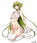  2015 animal_ears arai_nobu bad_id bad_pixiv_id bell bell_choker blue_eyes breasts cat_cutout cat_ear_panties cat_ears cat_lingerie choker cleavage cleavage_cutout dated gallia_(saint_seiya_omega) green_hair jingle_bell long_hair medium_breasts meme_attire navel panties saint_seiya saint_seiya_omega side-tie_panties simple_background solo tail thighhighs underwear very_long_hair white_background white_legwear white_panties 