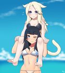  :o ;d animal_ears artist_name bangs bare_shoulders barefoot between_legs bikini black_bikini black_hair blue_eyes blunt_bangs blurry blurry_background borrowed_character breasts carrying cat_ears cat_tail cleavage cloud collarbone cowboy_shot day eyes_visible_through_hair facial_mark final_fantasy final_fantasy_xiv flying_sweatdrops frown hair_between_breasts horizon kuroonehalf looking_at_viewer midriff miqo'te multiple_girls navel ocean one_eye_closed open_mouth original outdoors pale_skin parted_bangs parted_lips shoulder_carry signature small_breasts smile standing straddling swimsuit tail teardrop tears teeth toes tsurime underboob water wavy_mouth white_bikini 