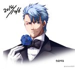  blue_flower blue_hair blue_rose bow bowtie dated flower formal gloves hand_on_own_chest hokuto_no_ken looking_to_the_side male_focus rose ryuga shaded_face smile solo suit tamaru_(tama_hosi) upper_body white_gloves 