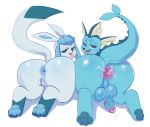  2018 absurd_res after_sex anus balls big_butt butt butt_pose cum cum_in_ass cum_inside digital_media_(artwork) duo eeveelution erection female feral gaping gaping_anus glaceon hi_res humanoid_penis looking_at_viewer looking_back male mammal nintendo open_mouth pawpads penis pok&eacute;mon pok&eacute;mon_(species) precum pussy raised_tail rear_view seductive simple_background tongue vaporeon video_games white_background wizzikt 