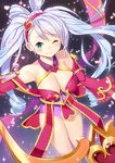 ;) aqua_eyes artist_name bad_id bad_pixiv_id bare_shoulders blue_hair blush breasts cleavage detached_sleeves eighth_note goyain hair_ornament hairband heart heart_hair_ornament highres large_breasts league_of_legends looking_at_viewer musical_note one_eye_closed smile solo sona_buvelle sparkle sweetheart_sona treble_clef twintails 