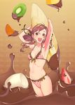  :d armpits arms_up banana bangs bikini black_ribbon bow bow_bikini breasts brown_hair carrying_overhead chocolate colored_eyelashes cowboy_shot curly_hair dripping eyelashes food fruit green_bow hair_ribbon highres holding kiwifruit long_hair looking_at_viewer mandarin_orange mango marshmallow morikura_en navel open_mouth original red_eyes ribbon ribs sideboob small_breasts smile solo stomach strawberry string_bikini striped striped_bikini swept_bangs swimsuit twintails underboob valentine vertical-striped_bikini vertical_stripes wading 