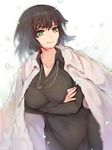  black_hair breasts covered_navel crossed_arms fubuki_(one-punch_man) fur_coat green_eyes highres jewelry large_breasts looking_at_viewer mukka necklace one-punch_man raised_eyebrow smile solo 