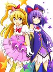  :d asahina_mirai black_gloves black_hat blonde_hair bow cowboy_shot cure_magical cure_miracle elbow_gloves gloves hair_bow hairband half_updo hat holding_hands izayoi_liko long_hair looking_at_viewer magical_girl mahou_girls_precure! mini_hat mini_witch_hat moja_(moja4192) multiple_girls open_mouth pink_bow pink_hat pink_skirt ponytail precure puffy_sleeves purple_eyes purple_hair purple_skirt red_bow skirt smile star white_gloves witch_hat 