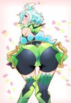  1boy ass bending_forward blue_hair blush bodysuit from_behind hotaru_(xenoblade) huge_ass looking_back male_focus nintendo onnaski open_mouth parted_lips purple_eyes shiny shiny_clothes shiny_hair short_hair solo thighhighs trap xenoblade_(series) xenoblade_2 
