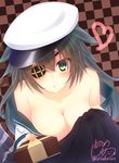  :o absurdres bare_shoulders blush box breasts checkered checkered_background cleavage collarbone eyebrows eyebrows_visible_through_hair eyepatch eyes_visible_through_hair gift gift_box green_eyes hair_between_eyes hat heart highres holding holding_gift kantai_collection kiso_(kantai_collection) large_breasts long_hair looking_at_viewer loose_clothes loose_shirt murasame_shia no_bra off_shoulder peaked_cap shadow shirt signature solo upper_body valentine 