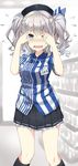  blush commentary_request covering_face embarrassed employee_uniform flying_sweatdrops gedou_(ge_ge_gedou) hat kantai_collection kashima_(kantai_collection) lawson peeking_through_fingers silver_hair skirt solo twintails uniform wavy_hair 