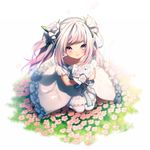  bouquet dress final_fantasy final_fantasy_xiv flower hair_flower hair_ornament kneeling lalafell long_hair mocchiri_oyaji pink_eyes pink_hair pointy_ears smile solo thighhighs twintails very_long_hair wedding_dress white_dress white_legwear 