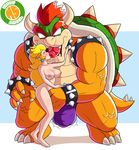  areola artist_name blonde_hair blue_eyes blush bowser breasts crown feet horns kiss long_hair megasweet nipples nude princess_peach red_eyes red_hair saliva spiked_bracelet spiked_collar super_mario_bros. sweat toes tongue 