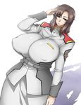  breasts brown_eyes brown_hair covered_nipples curvy gundam gundam_seed hat hat_removed headwear_removed huge_breasts light_smile long_hair looking_at_viewer murrue_ramius otogi_tetsurou puffy_nipples salute shadow simple_background solo white_background wide_hips 