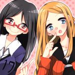  2girls black_hair blue_eyes blush breasts glasses konami_kirie long_hair multiple_girls open_mouth orange_hair red_eyes school_uniform smile usami_shiori world_trigger 