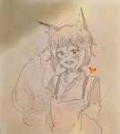  1girl animal_ear_fluff animal_ears apron blush collarbone eyebrows_visible_through_hair fang flower fluff fluffy fox_ears fox_tail graphite_(medium) greyscale hair_between_eyes hair_flower hair_ornament happy highres japanese_clothes kitsune looking_at_viewer miko monochrome petite ribbon_trim senko_(sewayaki_kitsune_no_senko-san) sewayaki_kitsune_no_senko-san tagme tail traditional_media wide_sleeves 