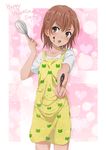  animal_print apron bad_id bad_pixiv_id blush brown_eyes brown_hair chocolate chocolate_on_face food food_on_face frog_print hair_ornament hairclip happy_valentine highres misaka_mikoto multicolored multicolored_apron multicolored_clothes open_mouth print_apron puma_(hyuma1219) solo sparkle standing to_aru_kagaku_no_railgun to_aru_majutsu_no_index valentine whisk 