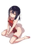  armlet backless_outfit bare_arms bare_back bare_legs bare_shoulders barefoot black_hair black_ribbon collarbone fangdan_runiu fate/kaleid_liner_prisma_illya fate_(series) flat_chest frills from_above full_body hair_ornament hairclip hands_together leg_garter looking_at_viewer looking_up low_ponytail miyu_edelfelt ribbon short_hair short_ponytail sidelocks sitting soles solo thighs toes tsurime v_arms wariza yellow_eyes 