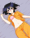  1girl akame_ga_kill! bed black_hair blush bra brown_eyes drag009 kurome_(akame_ga_kill!) navel on_back pajamas shirt_lift underwear 