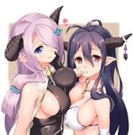  asymmetrical_docking bikini black_gloves black_hair blue_eyes breast_press breasts covered_nipples danua draph gloves granblue_fantasy hair_between_eyes hair_over_one_eye hand_on_own_cheek heart horn_ornament horns impossible_clothes impossible_shirt jewelry large_breasts multiple_girls narmaya_(granblue_fantasy) necklace parted_lips pointy_ears purple_hair red_eyes shinozuka_atsuto shirt swimsuit 