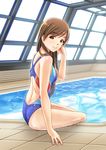  absurdres ass brown_hair competition_swimsuit highres idolmaster idolmaster_cinderella_girls idolmaster_cinderella_girls_starlight_stage jakelian long_hair looking_at_viewer nitta_minami one-piece_swimsuit pool rei_no_pool smile solo swimsuit 