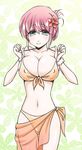  bikini blush breasts cleavage commentary_request final_fantasy final_fantasy_v flower front-tie_top green_eyes hair_flower hair_ornament large_breasts lenna_charlotte_tycoon looking_at_viewer mabo-udon pink_hair sarong short_hair smile solo swimsuit 